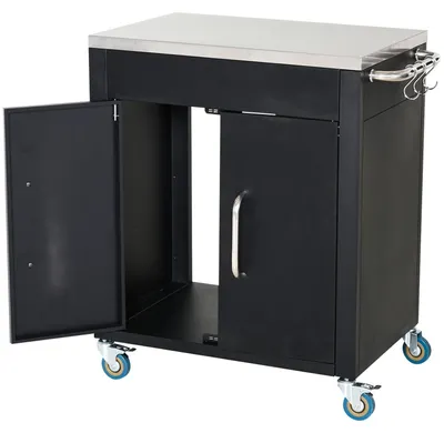 Produktbild von Küchenwagen Mit Rollen Servierwagen Mit Schrank, Haken, Edelstahlgriffe, Schwarz, 86X50X86,5Cm