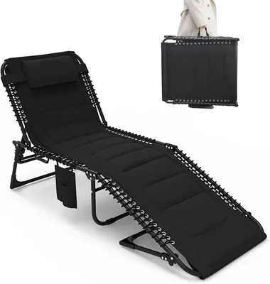Produktbild von Liegestuhl – 200x68x38 cm – Schwarz – Klappbar mit 5-stufiger Rückenlehne, Kissen und Stahlrahmen