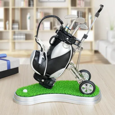 Immagine prodotto di Portapenne a forma di golf con 3 supporti per mazze da golf, set regalo, argento e nero, 13x8x5 cm