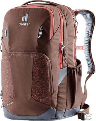 A brown Deuter backpack with coral accents is shown against a white background.