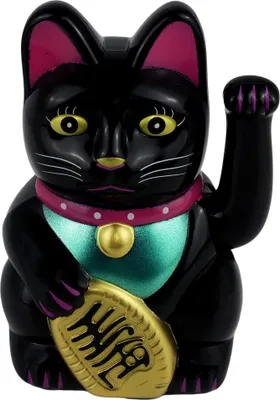 A black Maneki-neko (lucky cat) figurine with a gold coin.