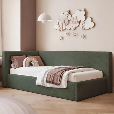 Produktbild von Eckbett Jugendbett Sampre 120x200 cm Dunkelgrün Links Plüsch – Bettkasten, Metalllattenrost