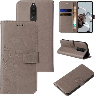 Produktbild von Handyhülle für Huawei Mate 10 Lite Floral Blumen Schmetterling Flip Cover Hülle Case Klapphülle Handytasche Farbe: Grau