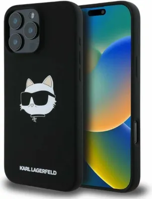 A black iPhone case with a Choupette Head print and Karl Lagerfeld branding, shown next to an iPhone.