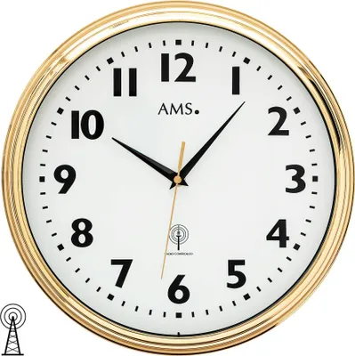 Produktbild von AMS 5963 Wanduhr Funk Funkwanduhr analog messing farben golden rund mit Glas