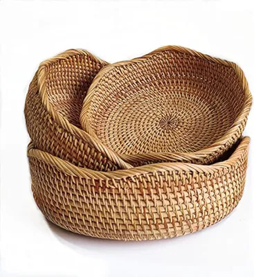 Produktbild von Runde Rattan-Obstschalen, natürliche Obstschalen, geflochtene Aufbewahrungskörbe für das Esszimmer (Set von 3)