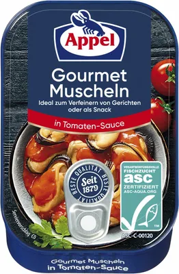 Produktbild von Appel Gormet Muscheln in fruchtiger Tomaten Sauce zum verfeinern 100g