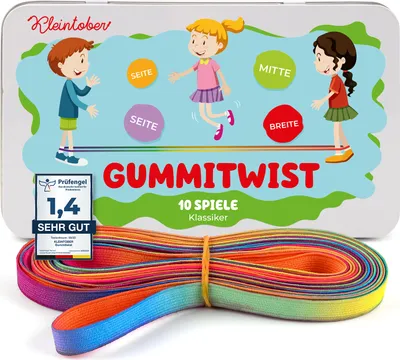 Produktbild von KLEINTOBER I Gummitwist Kinder I mit Anleitung für Spiele I Hüpfgummi I Twister I Indoor und Outdoor Spielzeug I Regenbogen Band I für Mädchen & Jungs I Gummitwist I ideal für Geschenke