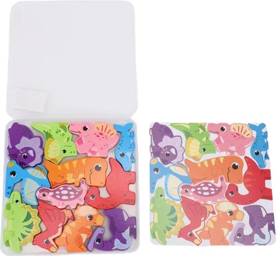 Image de Puzzles en bois, jouets, pédagogiques, apprentissage précoce, tri, empilage avec boîte de rangement, dinosaures