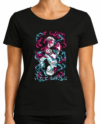 Imagen del producto de Camiseta negra de estilo anime "Jujutsu Kaisen", con la imagen de Itadori Yuji y Sukuna, diseño oscuro con llamas, talla S