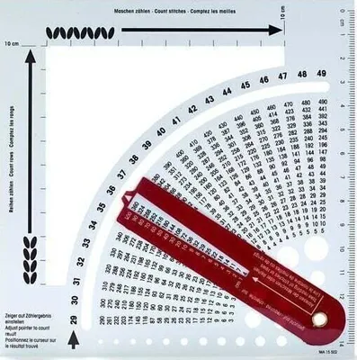 A knitting tool with measurement scales and instructions.