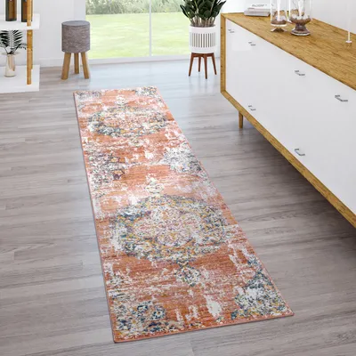 Image de Tapis salon à poils courts vintage moderne style oriental abstrait rouge crème bleu dimensions 60 x 100 cm
