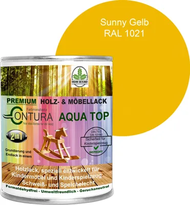 Produktbild von Contura 750ml. Möbellack Lack für Kinderspielzeug Buntlack DIN EN71/3 Buntlack Holzlack - RAL 1021 Sunny Gelb
