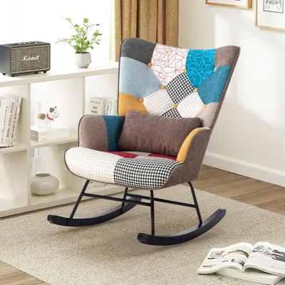 Image de Fauteuil à bascule pour chambre d'enfant avec soutien lombaire doux et pieds en bois - pour balcon, salon, chambre à coucher