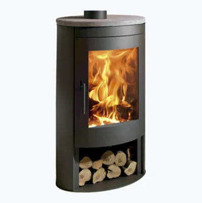 Obrázek produktu pro Krbová kamna Panadero Oval 1 ocelová černá 8,7 kW s obkladem z přírodního kamene a s přihrádkou na dřevo