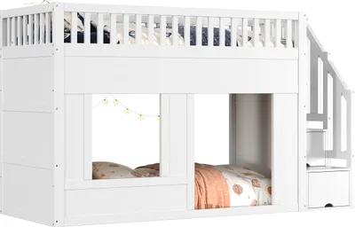 Produktbild von STILVORA Etagenbett 90x200 mit Treppenschrank,Kinderbett Bettgestell mit Geländer,Holzbett mit Lattenrost,Ohne Matratze,weiß