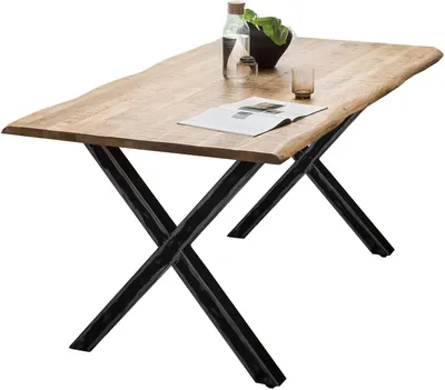 Produktbild von Baumkante-Esstisch TABLES & CO 160 x 85 cm Mango natur sägerau mit X-Gestell X-Gestell