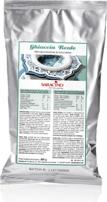 A silver foil bag containing powdered icing mix, with a label showing product details and an image of decorated icing.