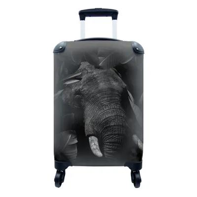 Produktbild von MuchoWow® Koffer Handgepäck Trolley Rollkoffer Kleine Reisekoffer mit 4 Rollen - Botanischer Elefant mit Blättern auf schwarzem Hintergrund - schwarz und weiß - Cabin Size < 55x40x23 cm & 55x40x20 cm - Fotokoffer - Kabinenkoffer - Boardgepäck - Reise-Box - Reisekoffer - Reisegepäck - Koffer mit Bild - Trolley für Kinder