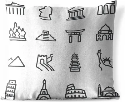 Produktbild von MuchoWow® Outdoor Kissen - Schwarz-Weiß-Illustration von verschiedenen Sehenswürdigkeiten - 50x50 cm - Wetterfest - Lounge Kissen - Komfortabel - Kissen mit Bild