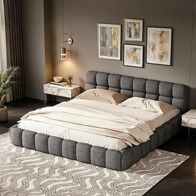 Productafbeelding van Polsterbed Bubble, 140x200, tweepersoonsbed met lattenbodem, jeugdbed met gestoffeerd hoofdeinde. Gestoffeerd bed Bubble, 160x200 met bedframe, linnenstof, zonder matras (grijs, 140x200 cm)