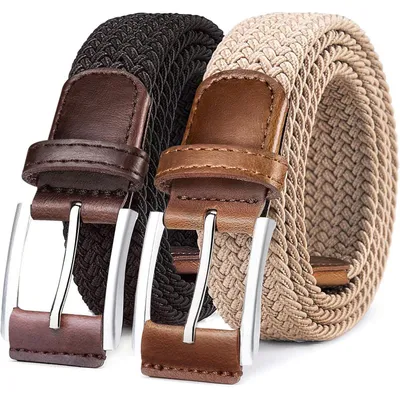 Produktbild von Elastischer Flechtgürtel 2er Set Herren Damen Stoffgürtel Geflochten Stretchgürtel 35mm 130cm Schwarz/Beige