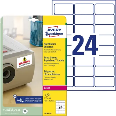 Image de AVERY Zweckform L6141-20 AVERY Zweckform Kraftkleber-Etiketten, 63,5 x 33,9 mm, weiß