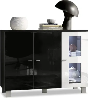 Produktbild von Vladon Sideboard Denjo,  Germany, Kommode mit 3 Türen, Schwarz matt/Schwarz Hochglanz/Weiß Hochglanz, inkl. LED-Beleuchtung (107 x 81 x 35 cm)