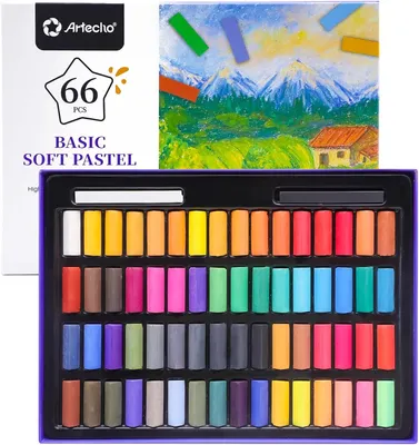 Productafbeelding van Zachte Pastel Set van 66, 64 Kleuren Inclusief Extra Zwart & Wit, Premium Vierkante Krijt voor Tekenen, Mengen, Lagen, Schaduwen
