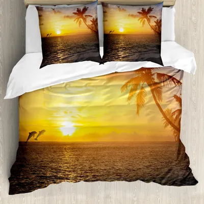 Produktbild von ABAKUHAUS Strand Bettbezug Set, Palmen im tropischen Insel Strand springenden Fischen und im majestätischen Bild, 155 x 220 cm + 80 x 80 cm, Blaugrau Gelb