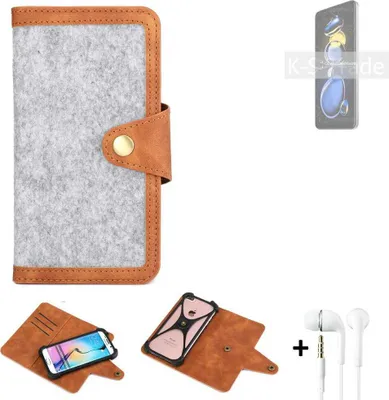 Produktbild von K-S-Trade Handyhülle + Kopfhörer kompatibel mit Xiaomi Redmi Note 11T Pro+ Schutzhülle Filz Hülle Kunstleder hellgrau braun (1x)
