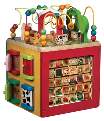 Produktbild von Battat Großer Motorikwürfel, Motorikspielzeug Activity Center mit Motorikschleife, Bauernhof mit Tieren, Holzspielzeug Baby Spielzeug ab 1 Jahr