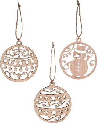 Produktbild von 3er Set Deko-Anhänger Weihnachten Holz Birkenholz Schneemann Kugel Baumschmuck
