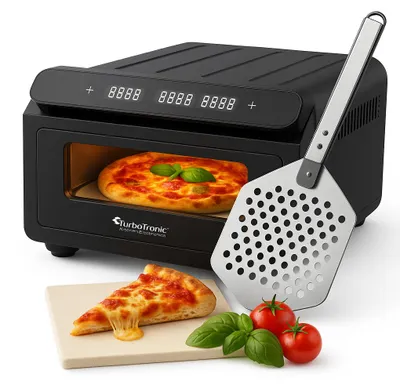 Zdjęcie produktu dla Piec do pizzy piekarnik 430°c TurboTronic pizza kamień szamotowy 33cm cyfrowy wyświetlacz + łopata 13L 2000W Czarny