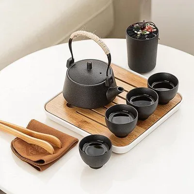 Produktbild von Famanu Teeservice Japanisches Design - Schwarzes Porzellan, 6-teilig