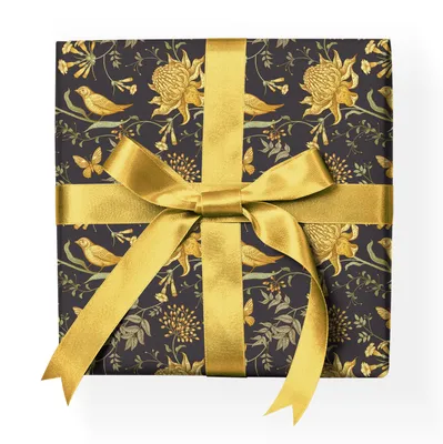 Produktbild von Vintage Jugendstil Geschenkpapier mit Vögeln, Schmetterlingen, schwarz gelb - G23030, 32 x 48cm