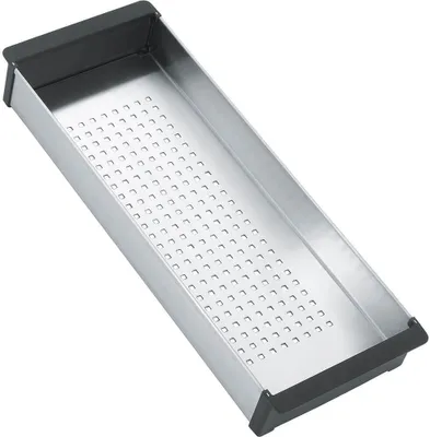 A stainless steel sink strainer with black rubberized corners, shown from a diagonal angle against a white background.