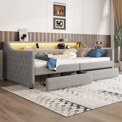 Produktbild von Daybett, 90 x 200cm, Schlafsofa, Tagesbett mit Lattenrost (ohne Matratze), Ambientelicht mit Fernbedienung, Bett mit zwei Schubladen, USB-Ladebuchse, Linen, Grau