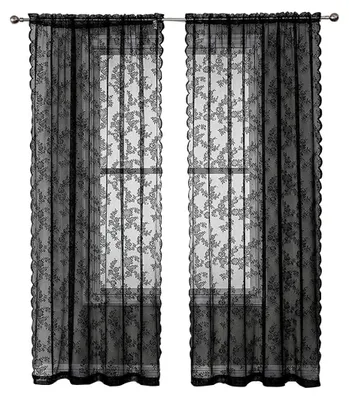 Obrázek produktu pro Záclona krajková průsvitná - 150 x 250 cm - 2 ks - Černá - Květinový vzor pro kuchyni a obývací pokoj