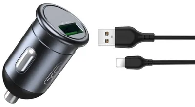 Obrázok produktu pre Rýchlonabíjačka 18W do auta, model XO, nabíjačka CC46 s technológiou QC 3.0, 1x USB port, sivá + Lightning kábel, sivý