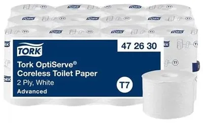 Toaletný papier, bezdutinkový, T7 systém, 2-vrstvový, priemer 13,1 cm, Advanced, TORK "OptiServe", biela