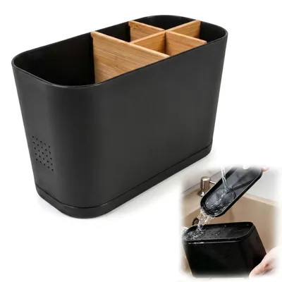 Obrázok produktu pre Držiak na zubné kefky, veľký, čierny, 18 x 9 x 11 cm | Organizér do kúpeľne s 5 priehradkami a odtokovým otvorom