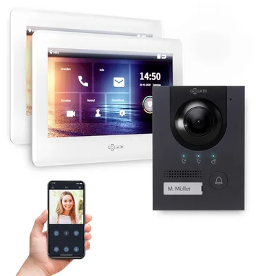 Produktbild von GOLIATH IP Aufputz Video Türsprechanlage Set für 1 Familienhaus (Anthrazit 180° Türstation, 2x7" Touchscreen Monitor Weiß, App)