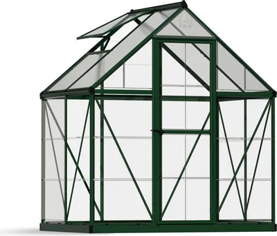 A green and clear greenhouse shown from a front-side angle against a white background.