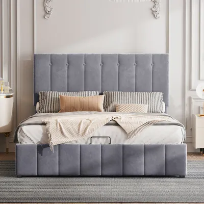 Produktbild von 140x200cm Grau Polsterbett (Ohne Matratze) mit Stauraum,verstellbarem Kopfteil Doppelbett Stauraumbett