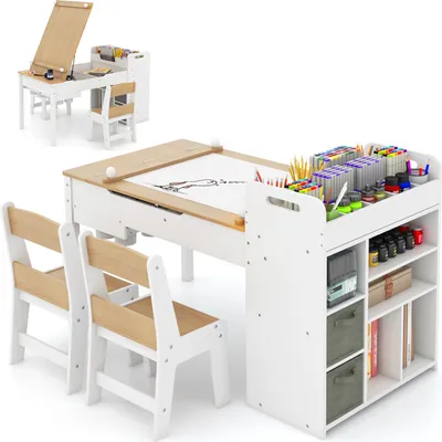 Produktbild von GOPLUS 3 in 1 Kindertisch Set mit Stauraum, Kindermöbelset mit Staffelei, Papierrollenhalter, Tischbeine aus Kiefernholz