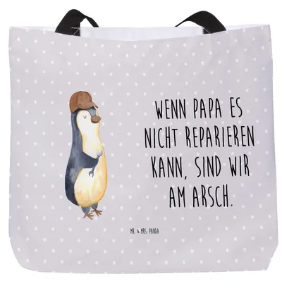 Produktbild von Mr. & Mrs. Panda Tote Bag Wenn Papa es nicht reparieren kann, sind wir am Arsch - Grau Pastell - Geschenk, Vatertag, Einkaufstasche, Muttertag, Pinguin, Tasche, Vater