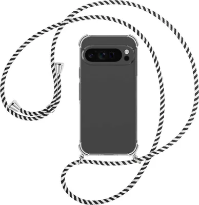Produktbild von Handykette Backcover-Schutzhülle mit Band (Metall silberfarben) für Google Pixel 9 Pro - schwarz/weiß gestreift
