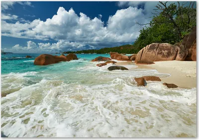 Produktbild von Tulup® Glas-Bild - 100 x 70 - Wandbild aus Glas - Wandkunst - Wandbild hinter gehärtetem Sicherheitsglas - Landschaften - Seychellen Strand - Blau