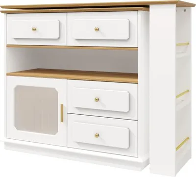 Produktbild von Ausziehbarer Bartisch 125-181x39x104,5cm Mit Stauraum 360 Drehbar Moderner Bar Tisch Mit Regalen Und Glas Hochtisch Kuecheninsel Weiss